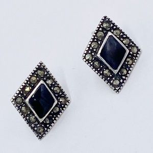 Vintage 925 Sterling Silver Marcasite Black Onyx Post Earrings
